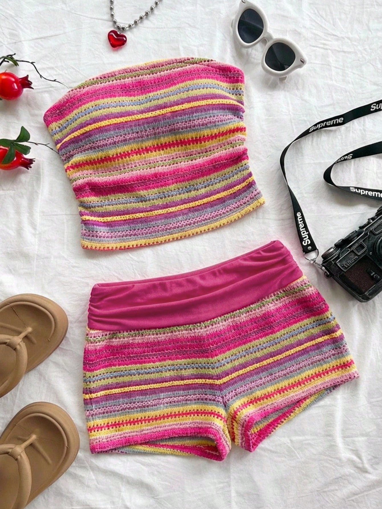 Black striped rib-knit halter tank top with lettuce trim and matching casual shorts for tween girls.