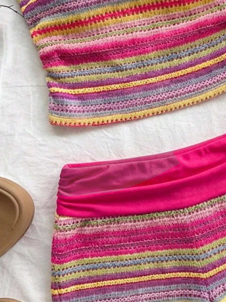 Black striped rib-knit halter tank top with lettuce trim and matching casual shorts for tween girls.