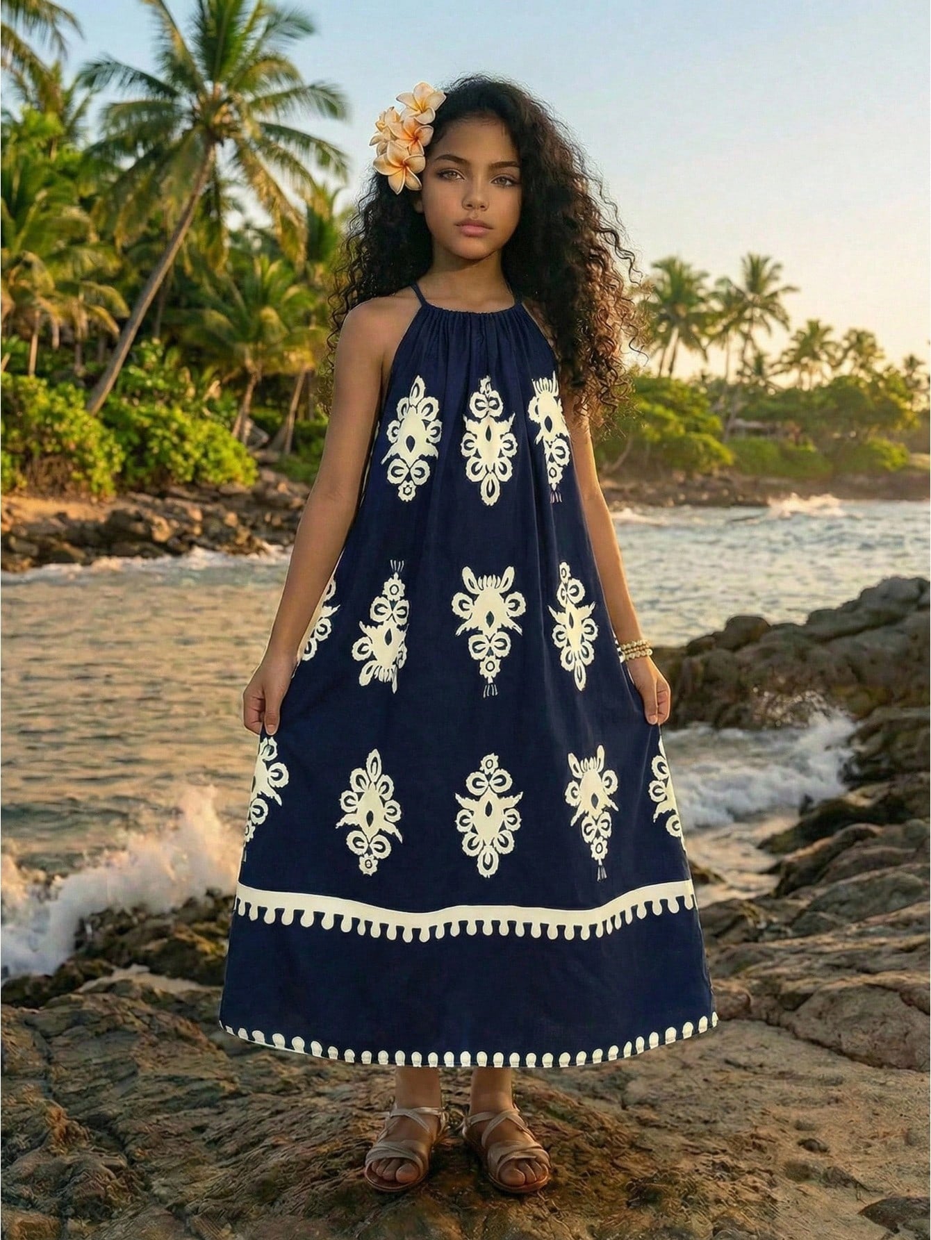 Tween girls green floral print cami dress with halter neckline, sleeveless cut, zipper detail, flared hem, and long vacation style silhouette.