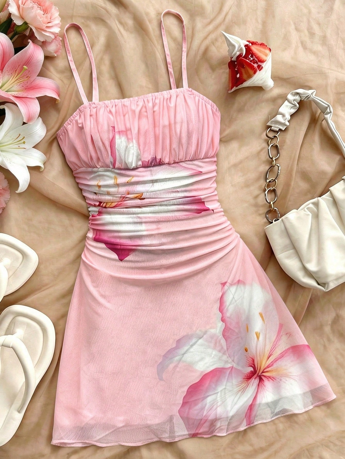 Tween girl yellow mini sundress with large pink floral hibiscus print, spaghetti straps, high waist, flared hem, and sleeveless cami style for summer beach wear