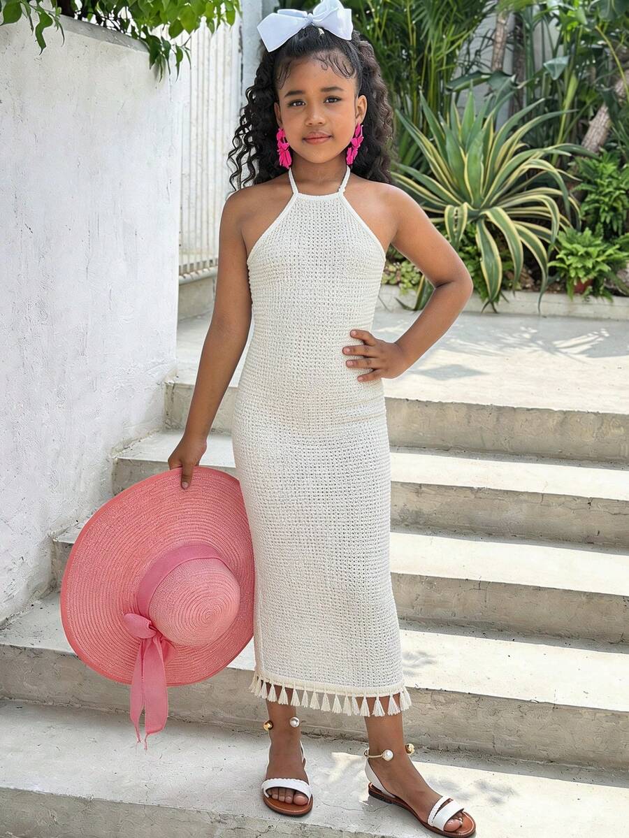 White sleeveless halter maxi dress for tween girls with slim fit, plain textured fabric, natural waist, pencil hem, and side split for summer daily wear and vacation outfits.