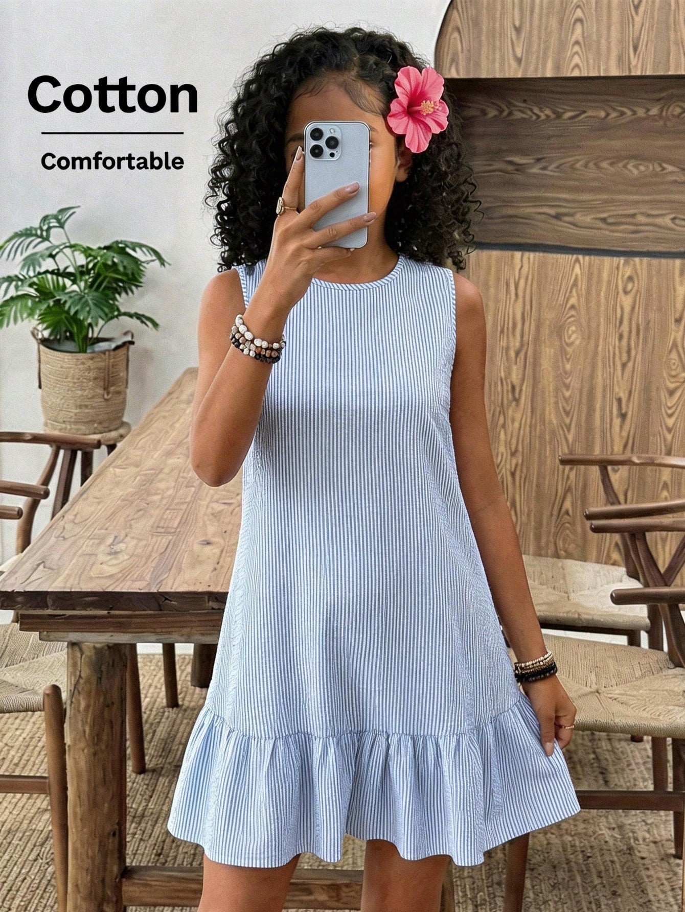 Tween girls casual leopard print smock mini dress featuring a round neck and flounce ruffle hem.