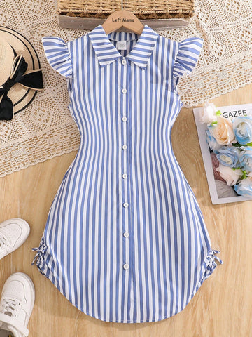 Tween girls blue and white striped casual shirt dress featuring a collared neckline, button front, and flounce sleeves by Left Mama.