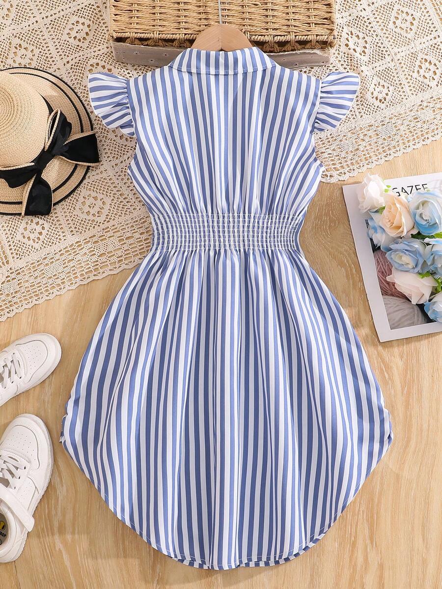 Tween girls blue and white striped casual shirt dress featuring a collared neckline, button front, and flounce sleeves by Left Mama.
