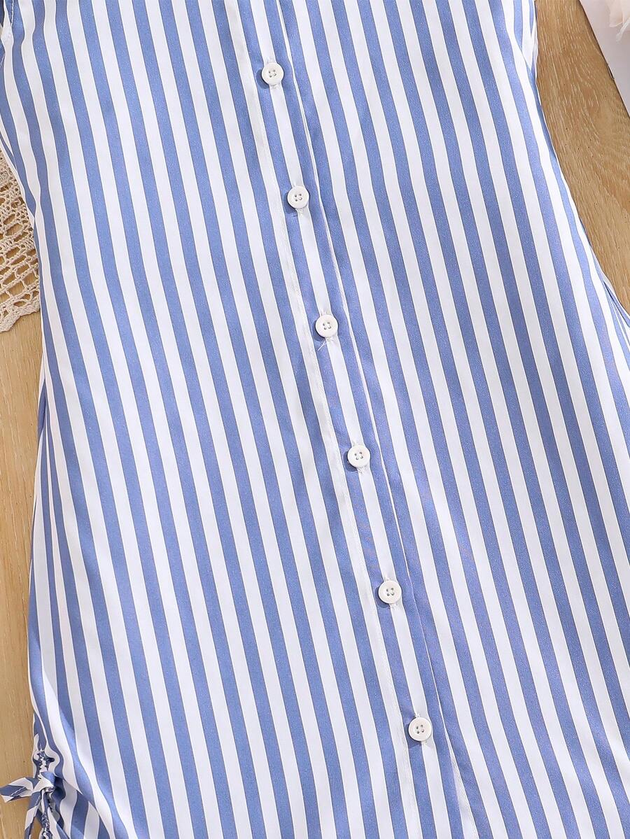 Tween girls blue and white striped casual shirt dress featuring a collared neckline, button front, and flounce sleeves by Left Mama.