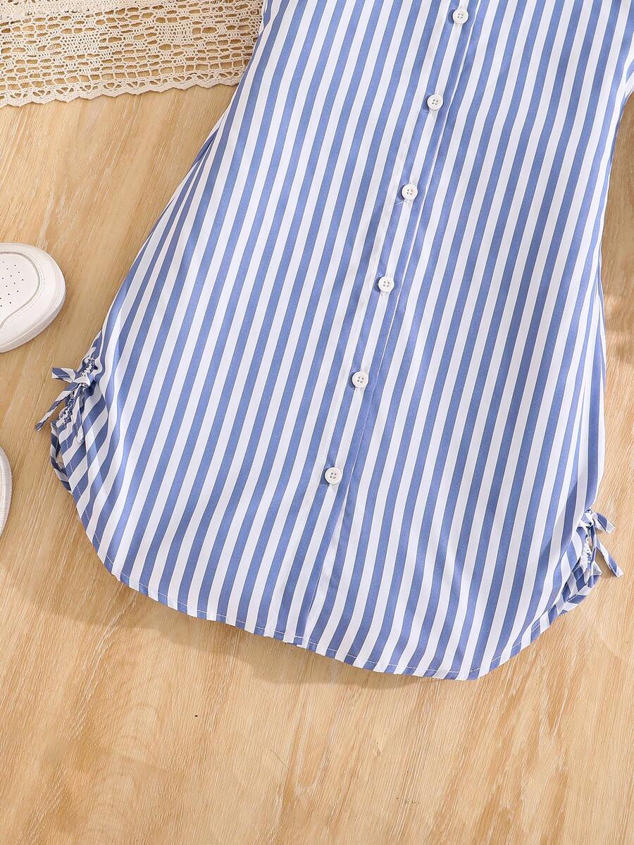 Tween girls blue and white striped casual shirt dress featuring a collared neckline, button front, and flounce sleeves by Left Mama.