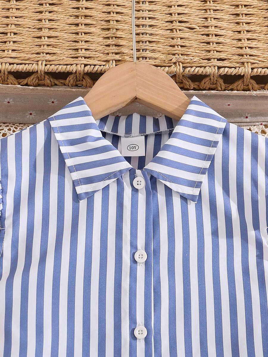 Tween girls blue and white striped casual shirt dress featuring a collared neckline, button front, and flounce sleeves by Left Mama.