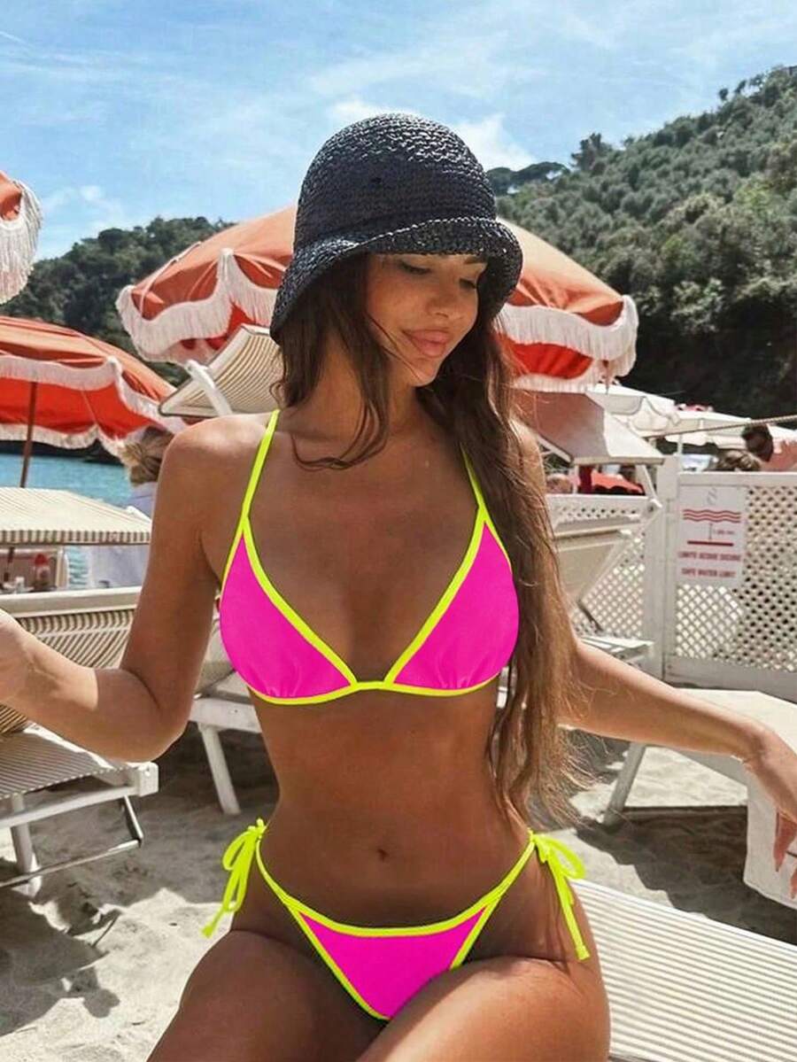 Women's apricot solid halter tie bikini top with triangle cups and matching tie-side swimsuit bottoms.