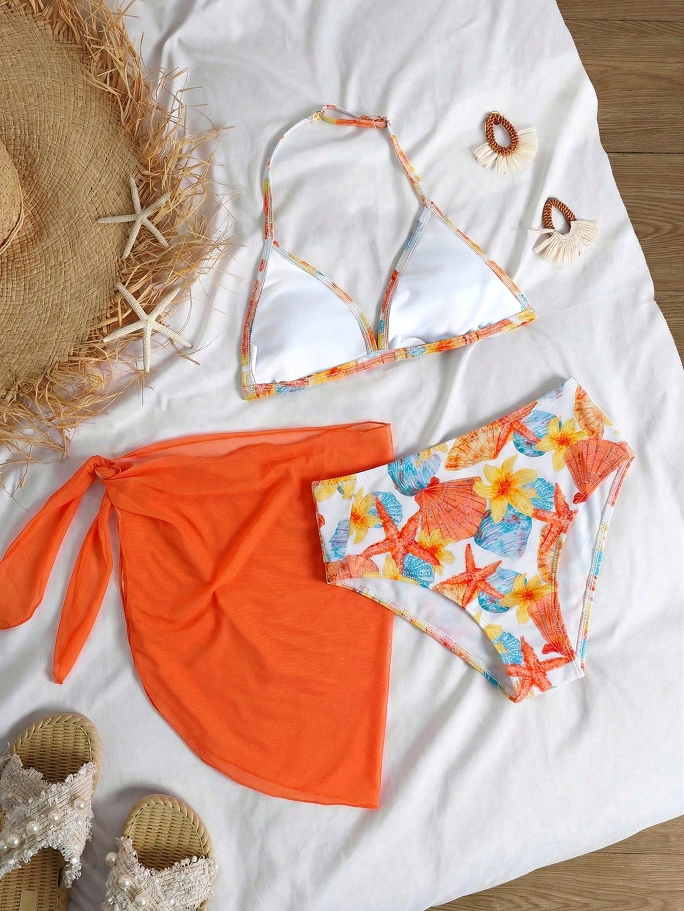 3pcs/Set Girl Orange Shell Print Swimwear Top&Bottoms,Beach Vacation Style Tropical Three Pieces Set Summer Swimwears For Tween Sets