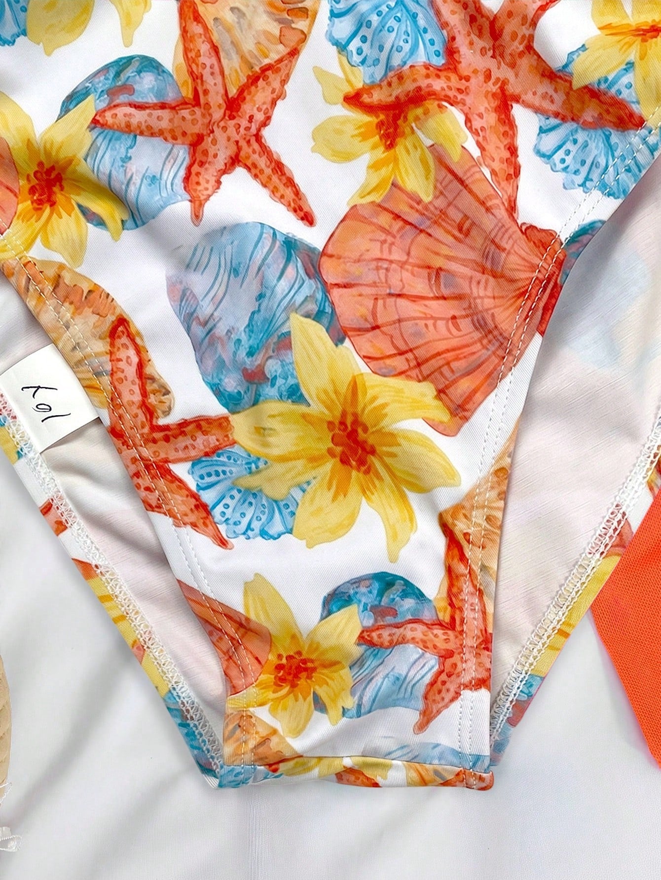 3pcs/Set Girl Orange Shell Print Swimwear Top&Bottoms,Beach Vacation Style Tropical Three Pieces Set Summer Swimwears For Tween Sets