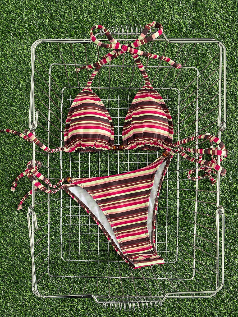 Multicolor women's 2-piece halter triangle bikini set featuring tie-side bottoms and removable padding for beach vacation.