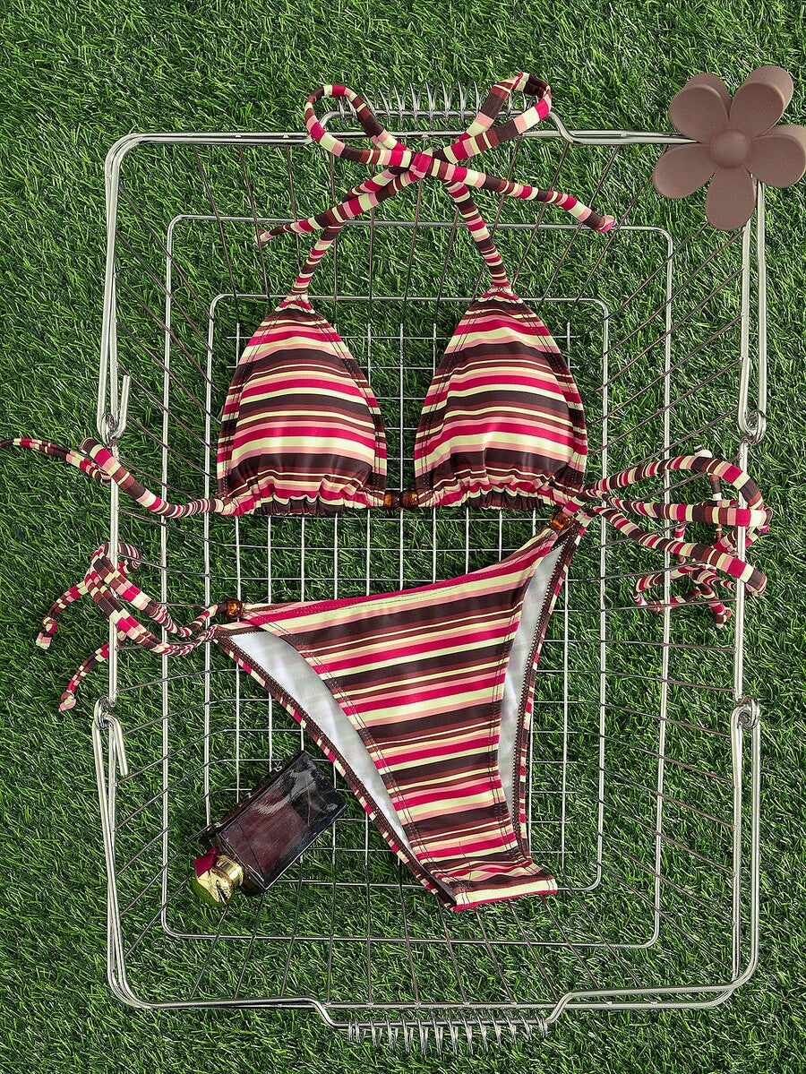 Multicolor women's 2-piece halter triangle bikini set featuring tie-side bottoms and removable padding for beach vacation.