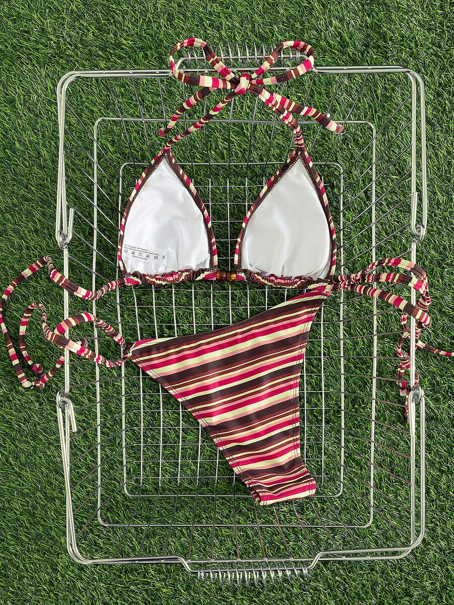 Multicolor women's 2-piece halter triangle bikini set featuring tie-side bottoms and removable padding for beach vacation.