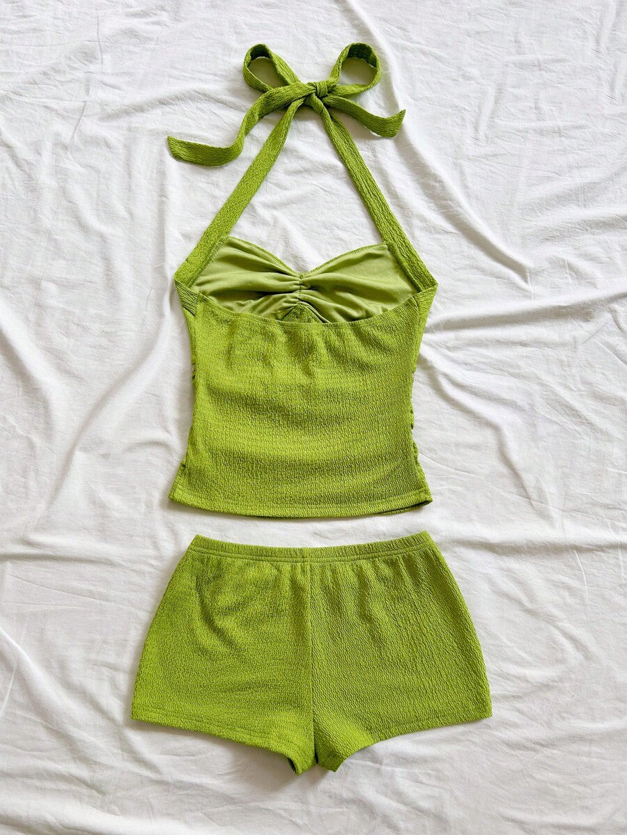Tween girls black strapless tank top and shorts set with leopard print contrast waistband