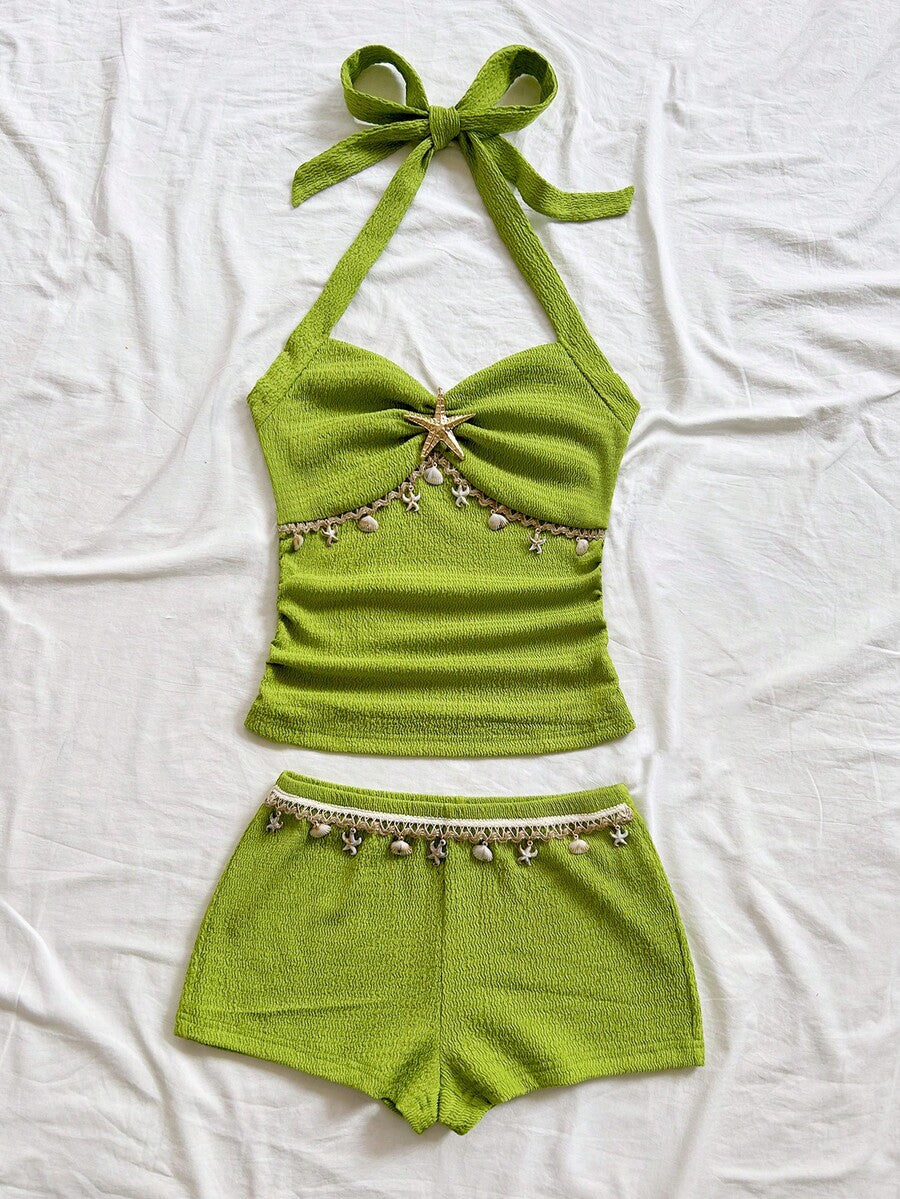 Tween girls black strapless tank top and shorts set with leopard print contrast waistband