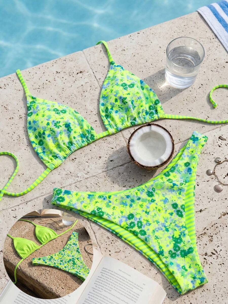 Women's two-piece halter bikini set featuring high cut thong bottoms and removable padding