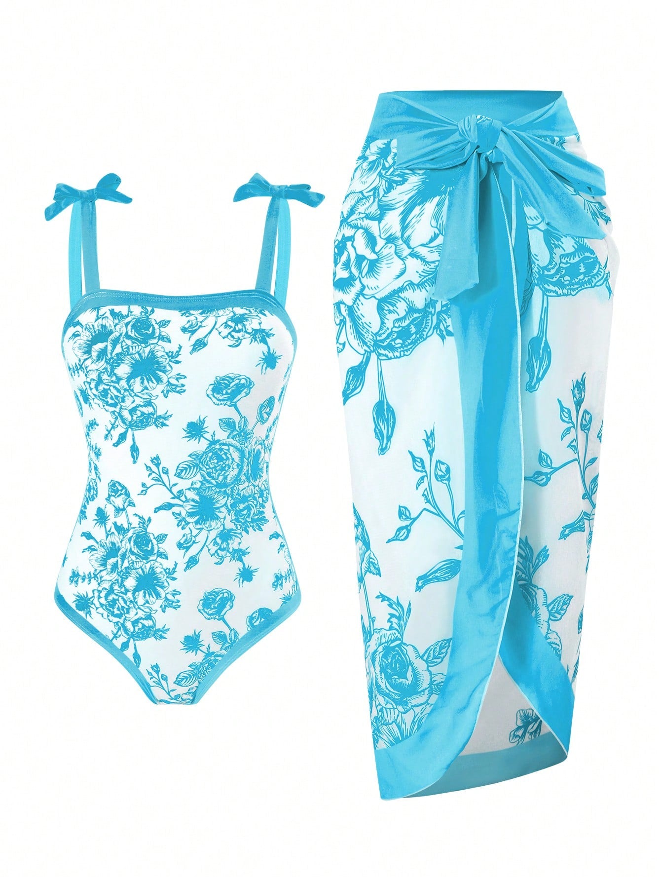Tween girl black floral one-piece swimsuit set with spaghetti straps, asymmetrical detail, bow decor, and mid-waist bottom for beach, pool, and summer vacation wear.