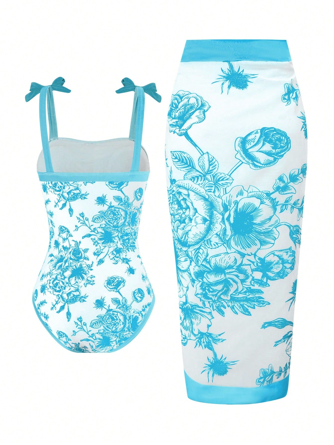 Tween girl black floral one-piece swimsuit set with spaghetti straps, asymmetrical detail, bow decor, and mid-waist bottom for beach, pool, and summer vacation wear.