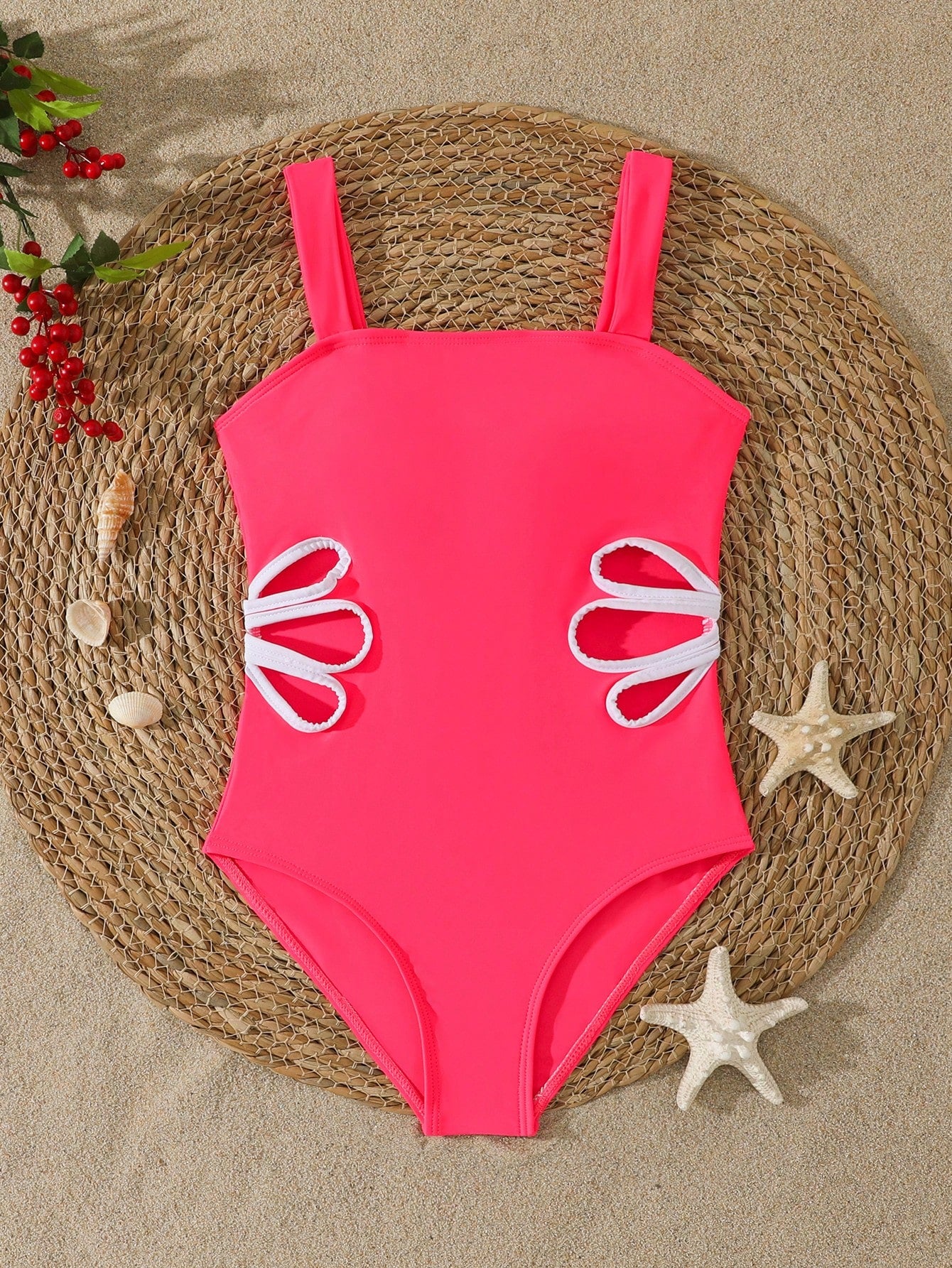 Tween girl multicolor ombre one-piece swimsuit with spaghetti straps, all-over print, lined body, and vacation beachwear style.