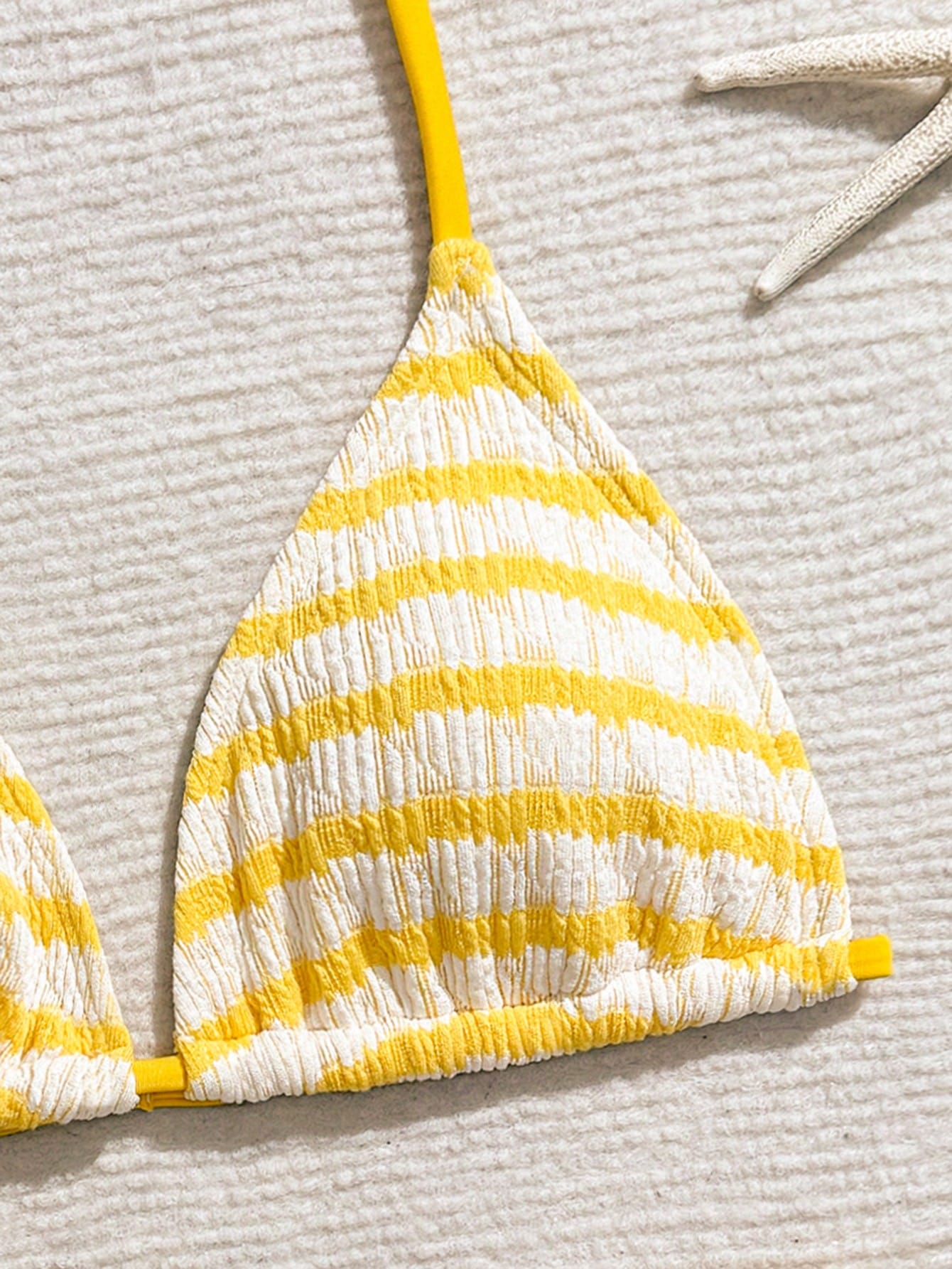 Tween girls blue and white striped two-piece bikini set with halter triangle top and mid-waist short bikini bottoms for beach and vacation swimwear.