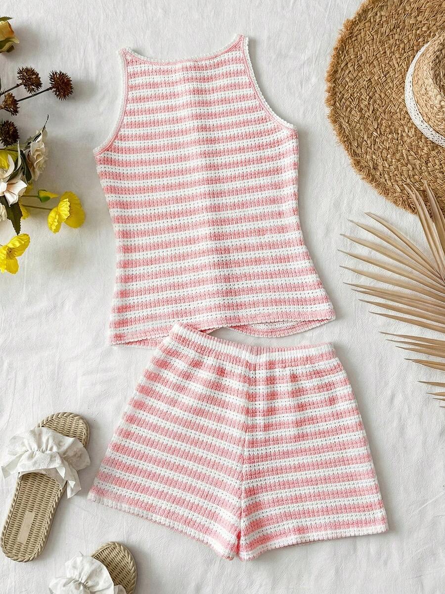 Tween girls apricot striped knit camisole top with button front paired with matching casual elastic waist shorts