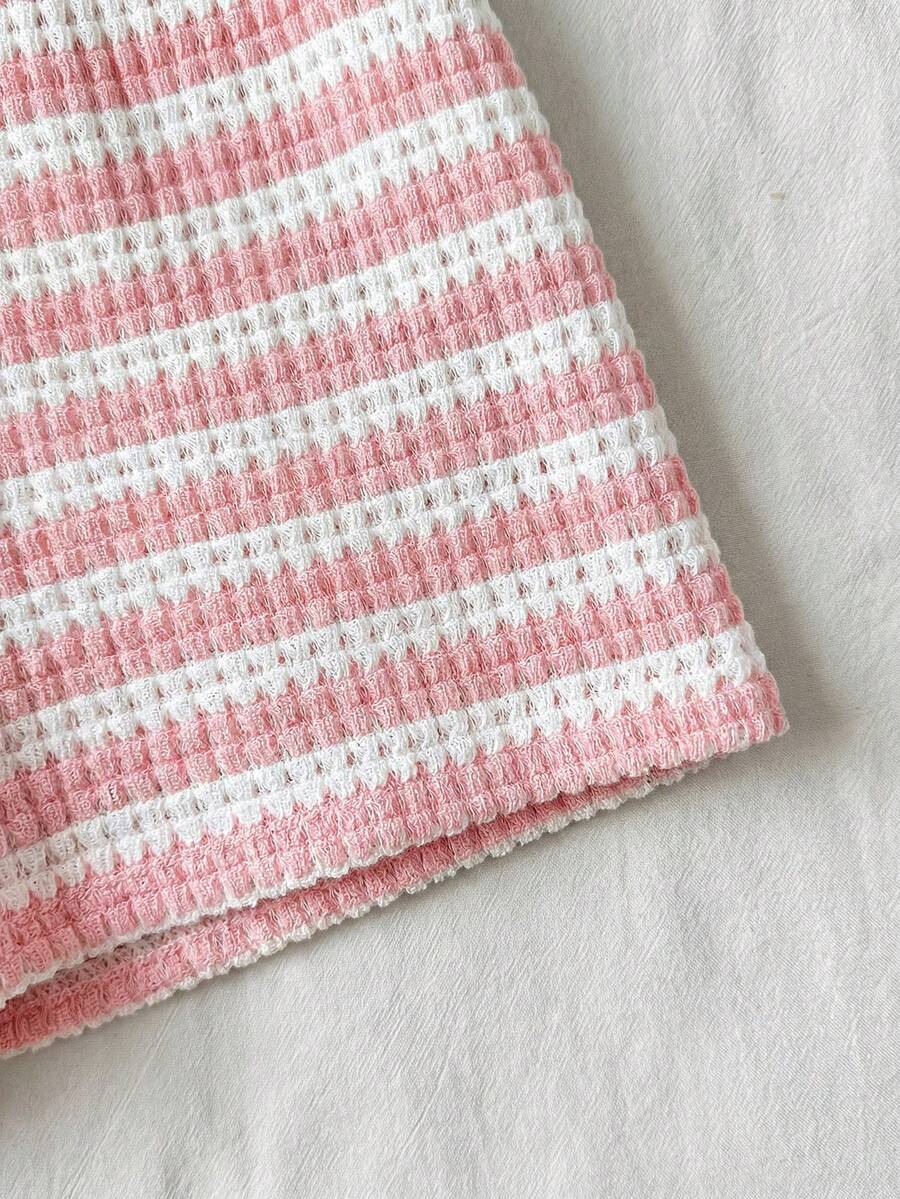 Tween girls apricot striped knit camisole top with button front paired with matching casual elastic waist shorts