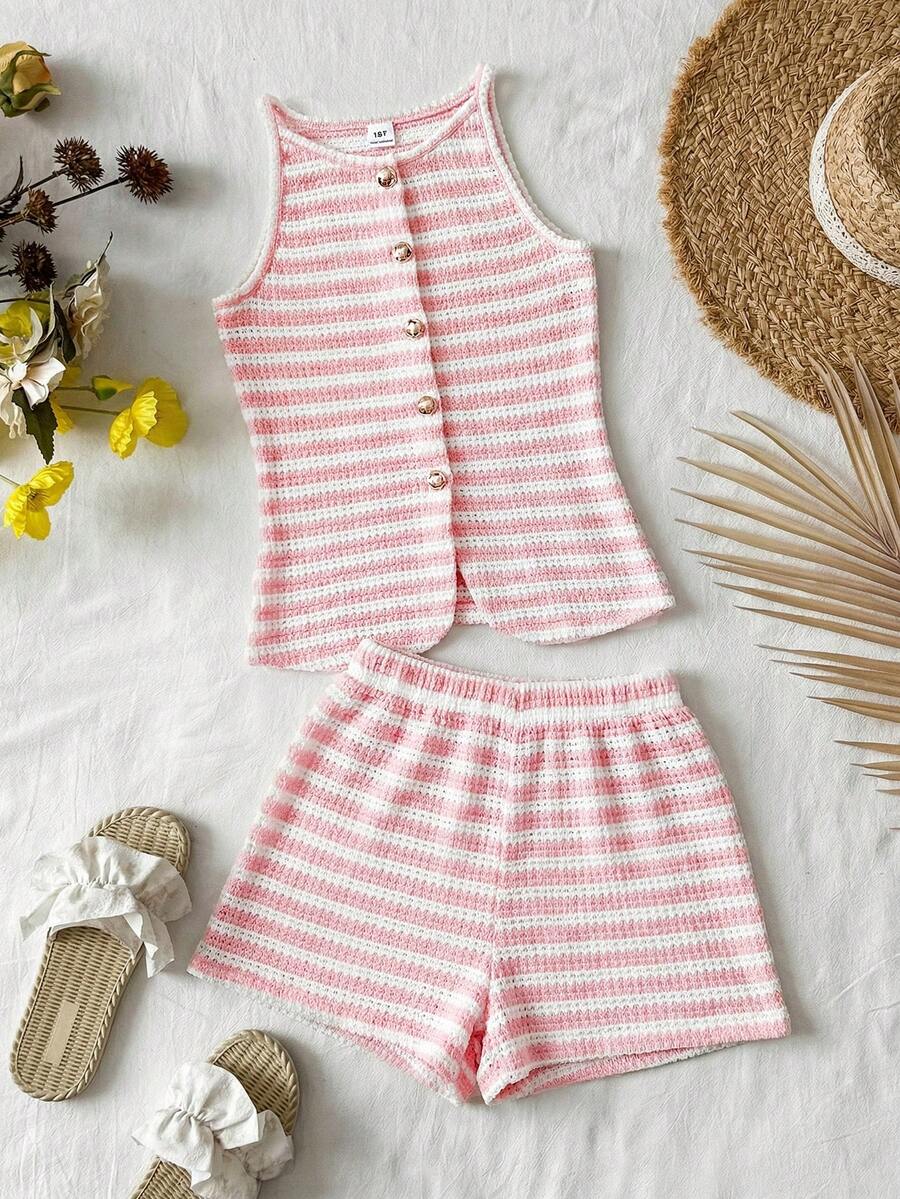 Tween girls apricot striped knit camisole top with button front paired with matching casual elastic waist shorts
