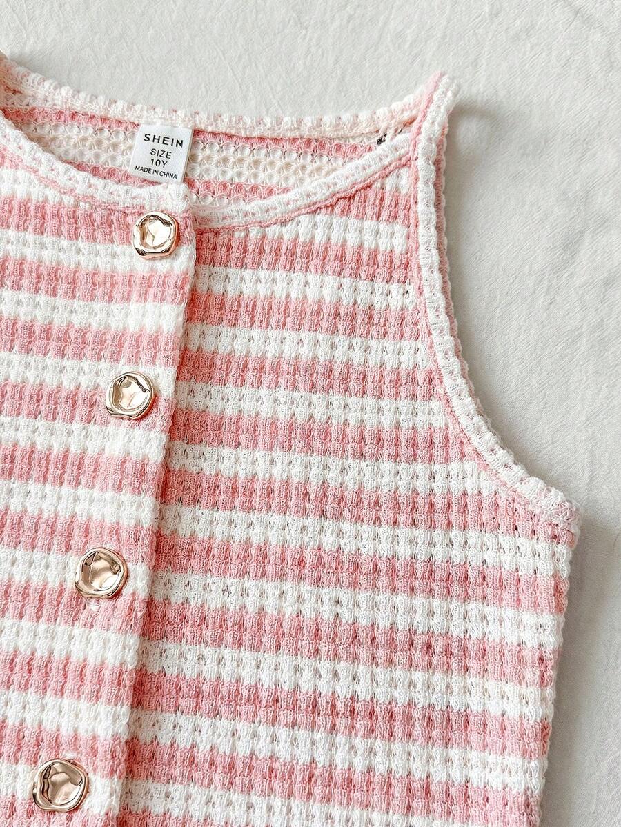 Tween girls apricot striped knit camisole top with button front paired with matching casual elastic waist shorts
