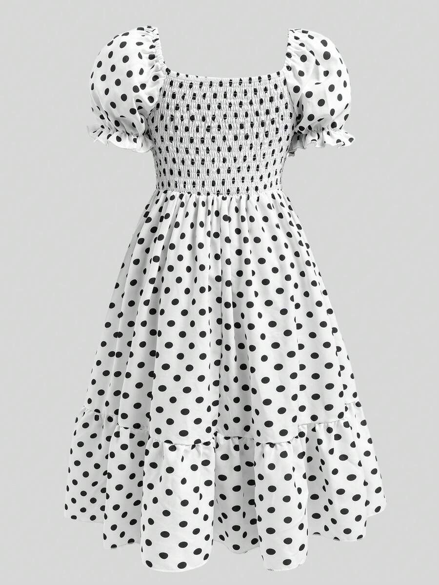 Tween girls black and white geometric short sleeve midi dress with square neck and bow front decor