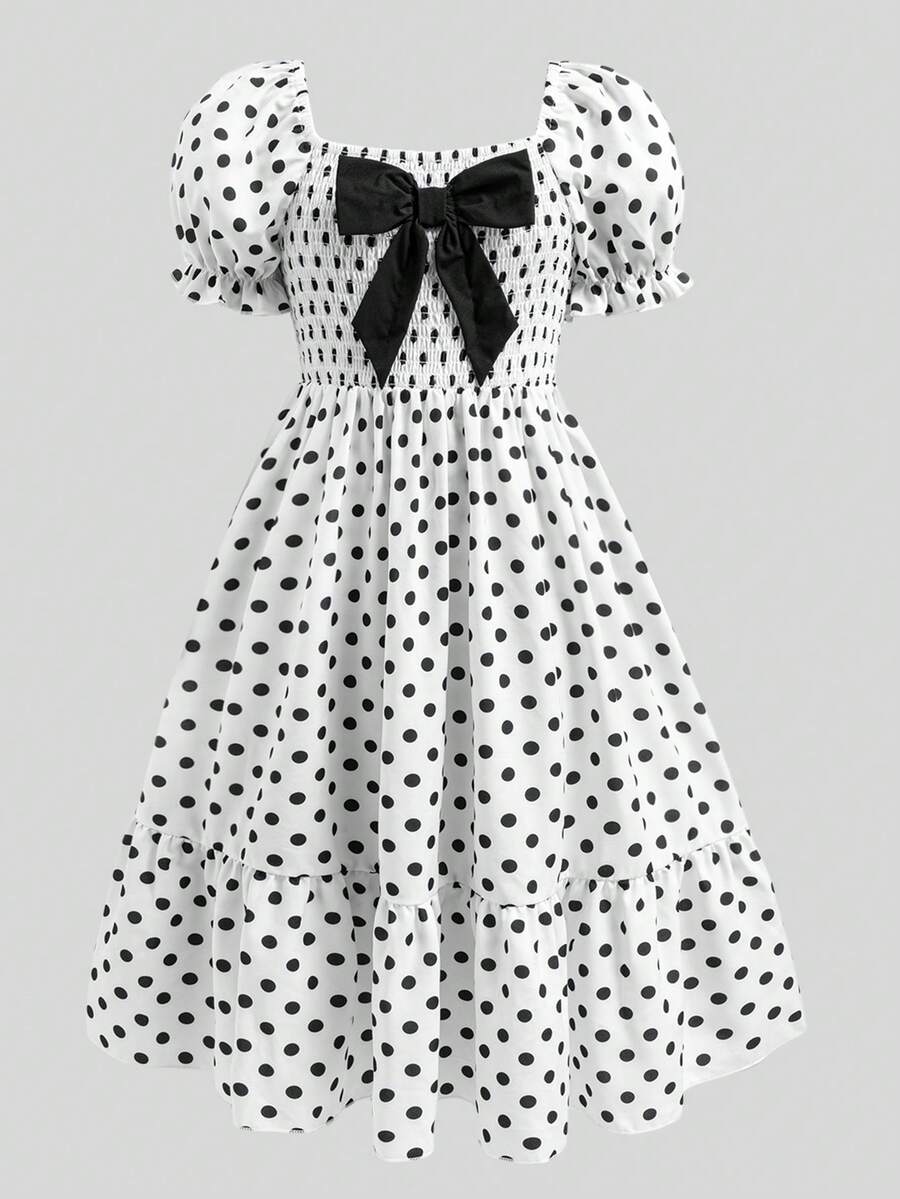 Tween girls black and white geometric short sleeve midi dress with square neck and bow front decor