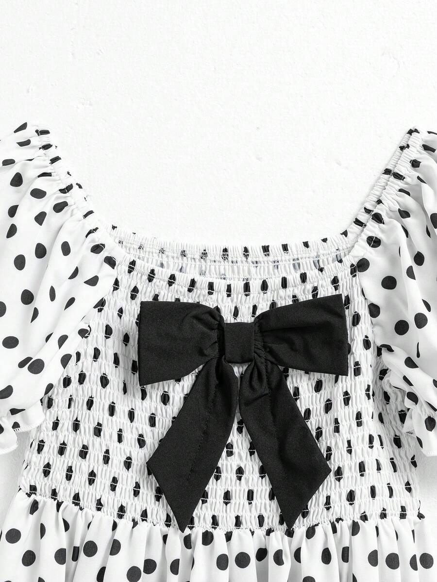 Tween girls black and white geometric short sleeve midi dress with square neck and bow front decor