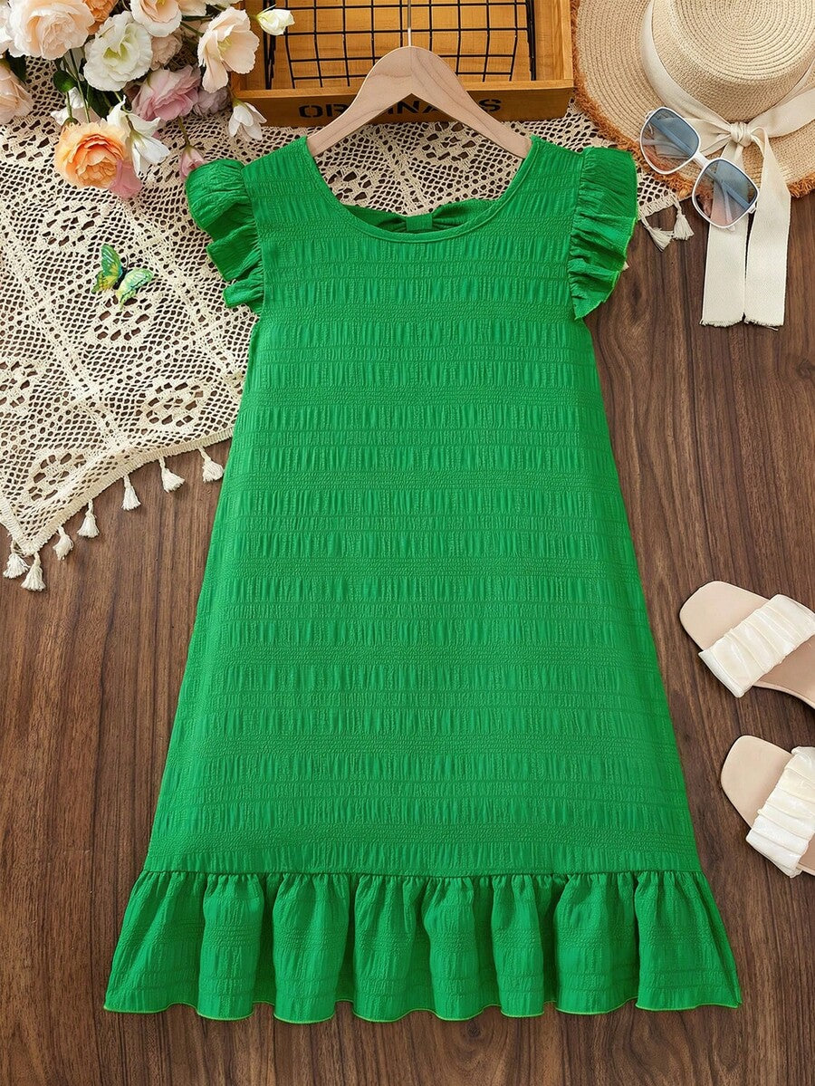 Tween girls apricot vacation midi dress featuring a round neck, cut out details, ruffle flounce accents, and geometric pattern.