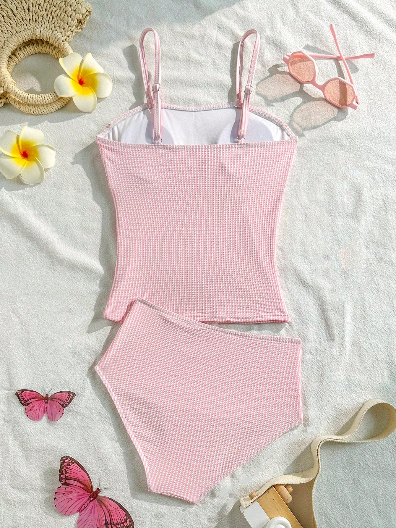 Tween Girl Striped Two Pieces Tankini Swimwear,Cute Orange And White Textured Ruched Design Cami Bathing Suit,Summer Beach Holiday Vacation Swimwear