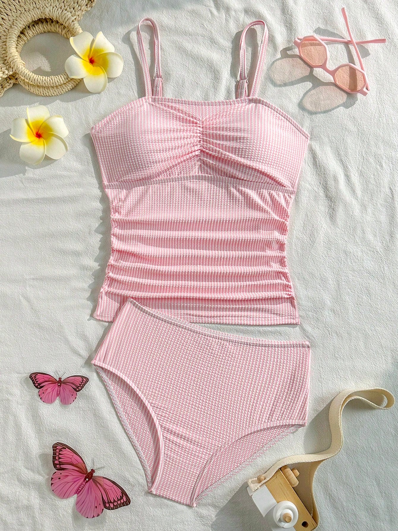 Tween Girl Striped Two Pieces Tankini Swimwear,Cute Orange And White Textured Ruched Design Cami Bathing Suit,Summer Beach Holiday Vacation Swimwear