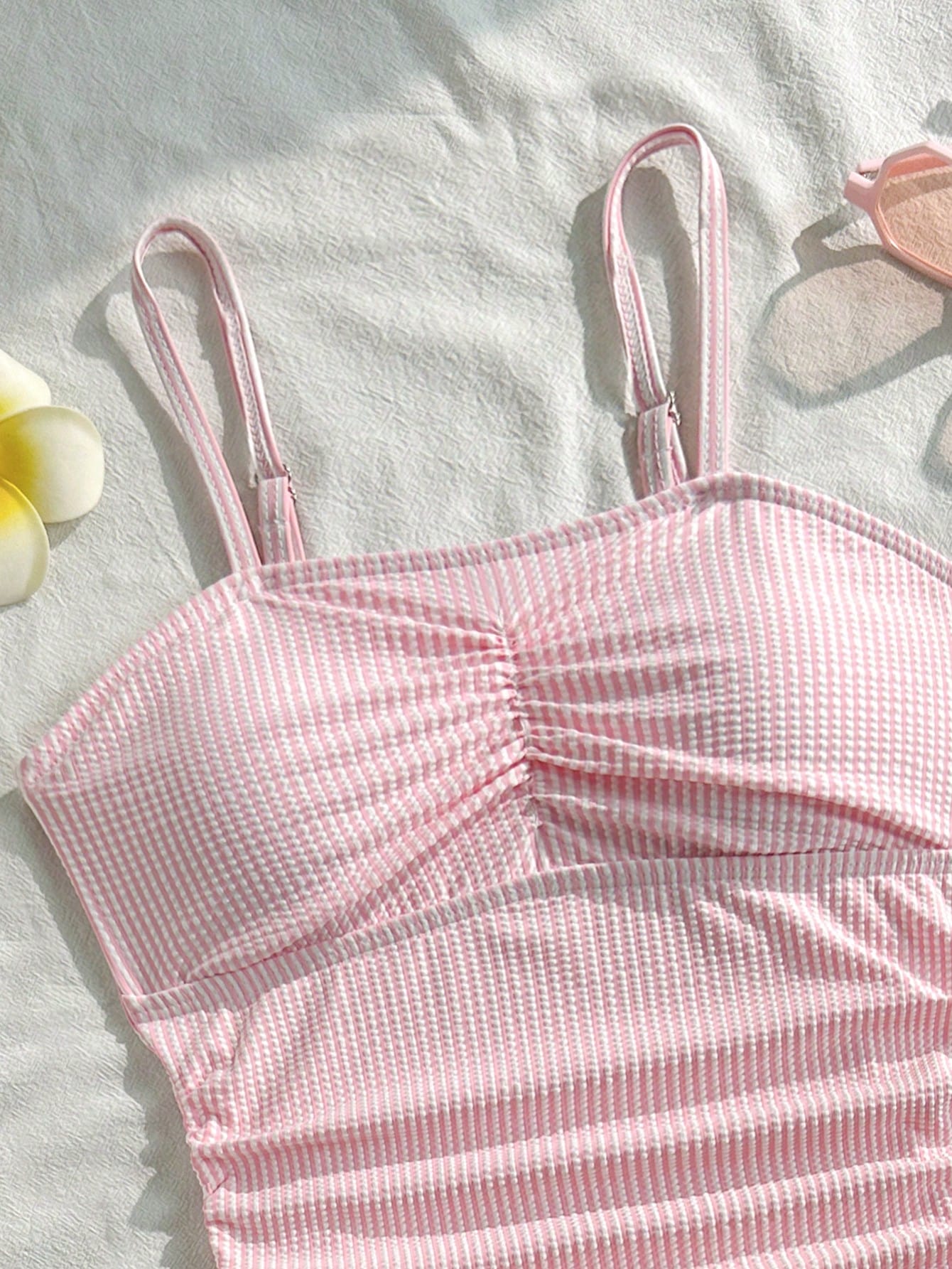 Tween Girl Striped Two Pieces Tankini Swimwear,Cute Orange And White Textured Ruched Design Cami Bathing Suit,Summer Beach Holiday Vacation Swimwear