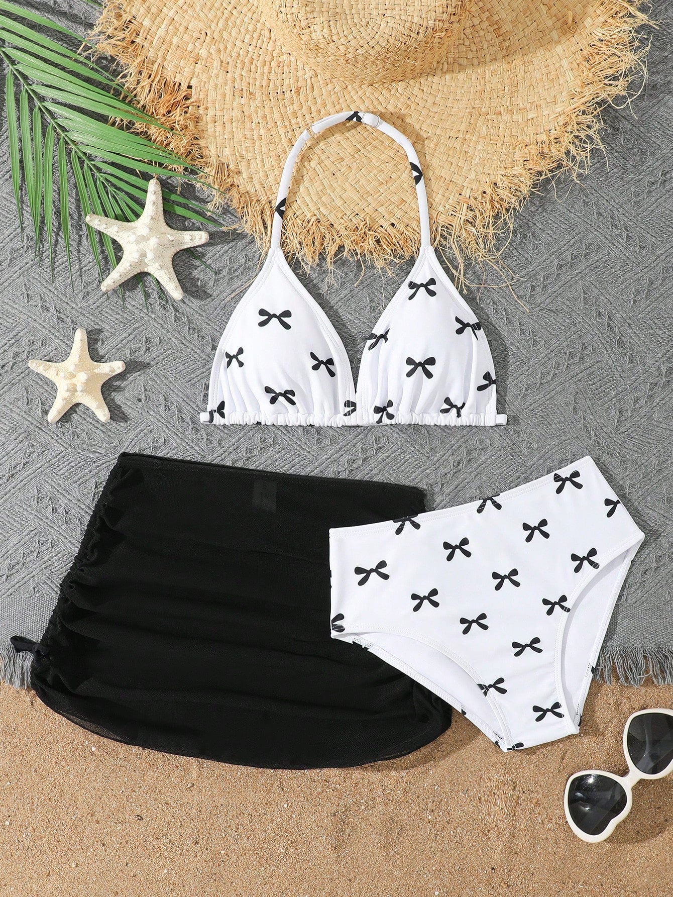 Tween Girls 3-Piece Bikini Set,Brown Polko Dot,Cute,Summer,Beach,Vacation,Holiday,Pink Striped Halter Top,Adjustable Back,Skirt Bottoms,Bathing Suits