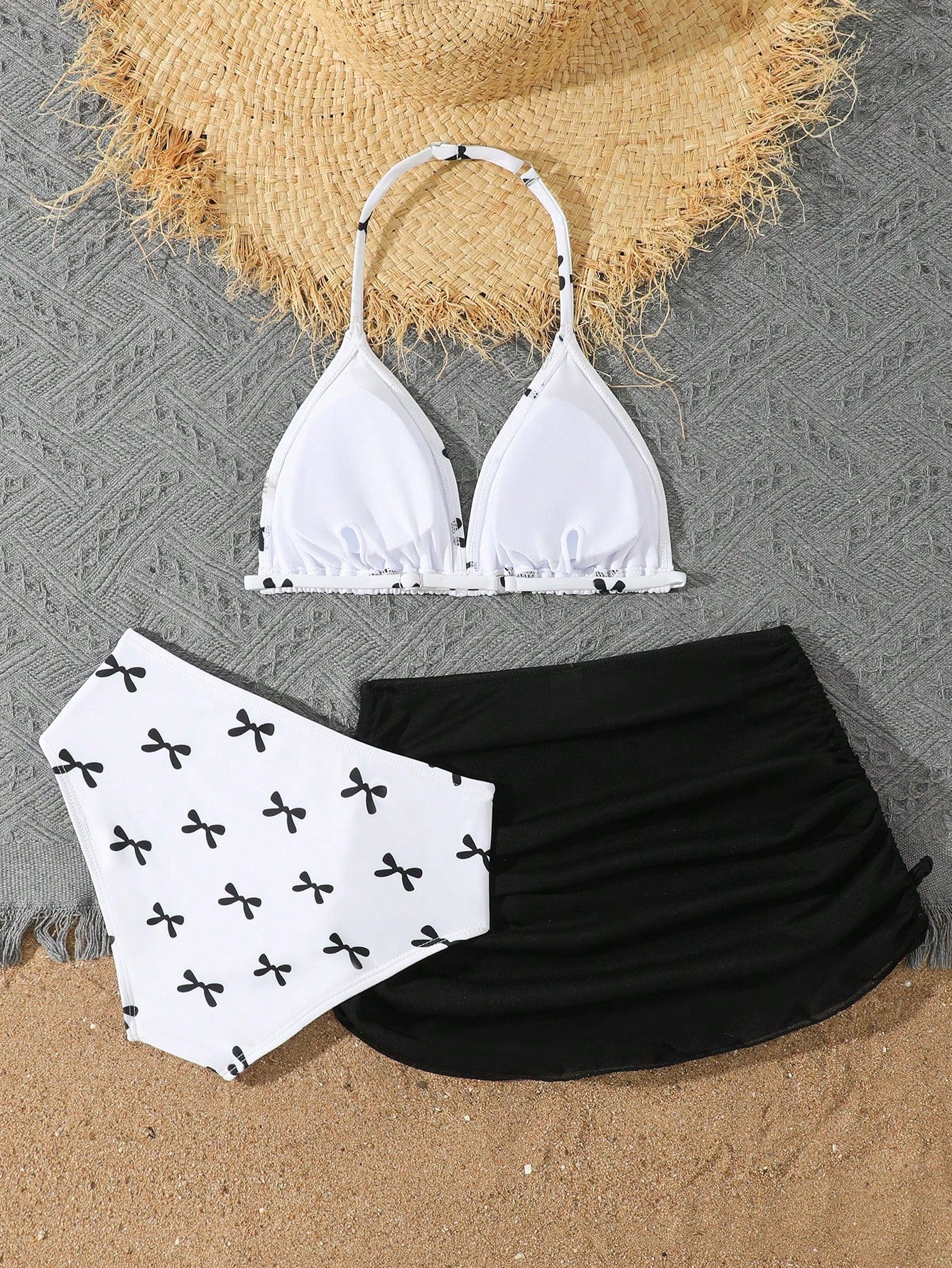 Tween Girls 3-Piece Bikini Set,Brown Polko Dot,Cute,Summer,Beach,Vacation,Holiday,Pink Striped Halter Top,Adjustable Back,Skirt Bottoms,Bathing Suits