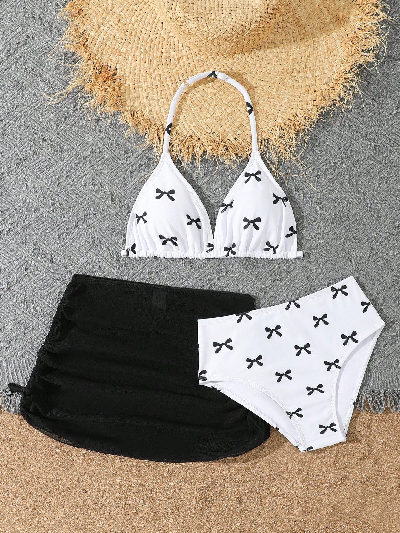 Tween Girls 3-Piece Bikini Set,Brown Polko Dot,Cute,Summer,Beach,Vacation,Holiday,Pink Striped Halter Top,Adjustable Back,Skirt Bottoms,Bathing Suits