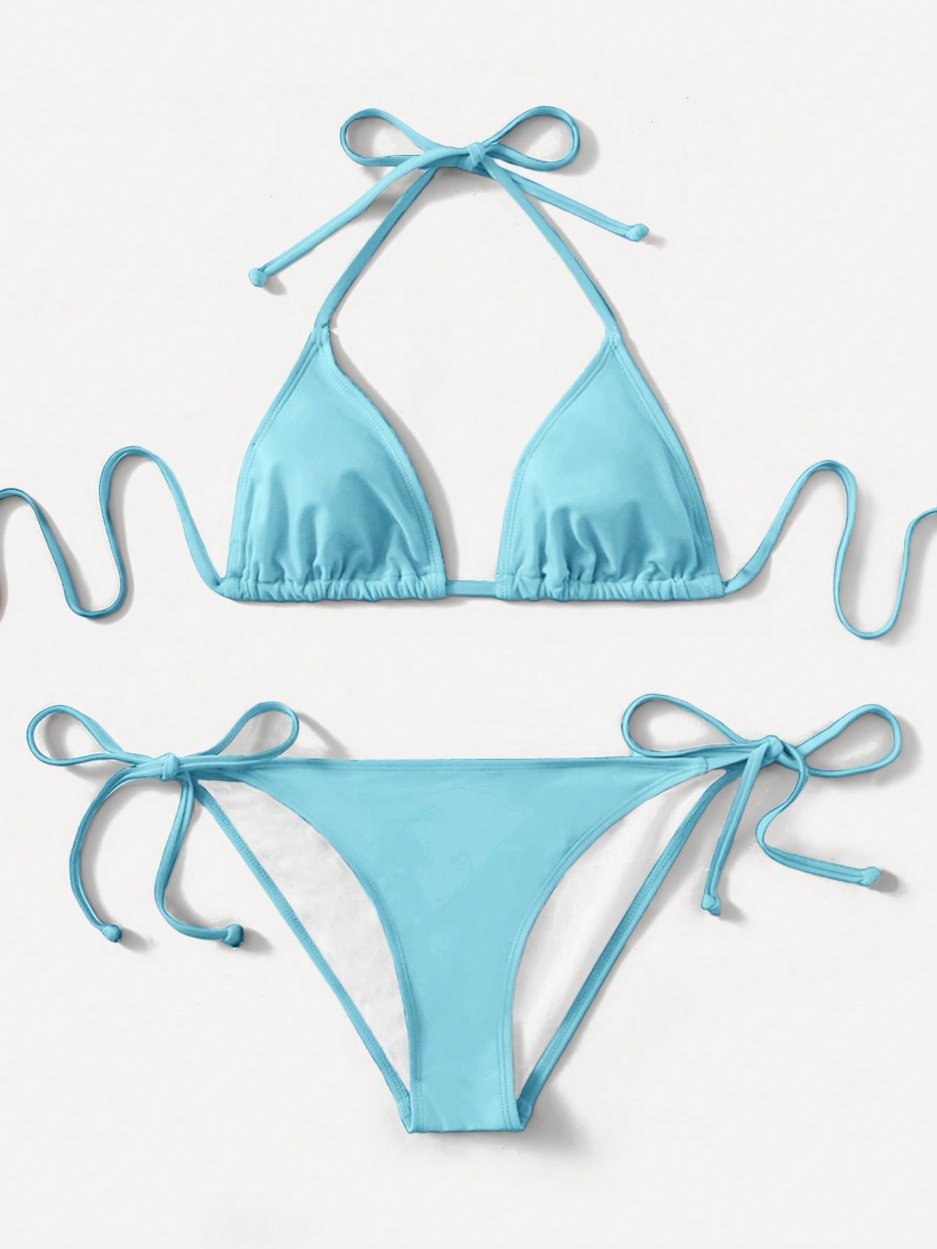 Women's high waist halter tie bikini swimwear set featuring triangle cups, wireless bra with removable padding, and tie side bottoms.