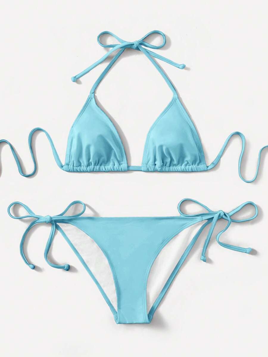 Women's high waist halter tie bikini swimwear set featuring triangle cups, wireless bra with removable padding, and tie side bottoms.
