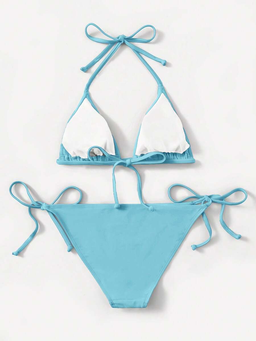 Women's high waist halter tie bikini swimwear set featuring triangle cups, wireless bra with removable padding, and tie side bottoms.