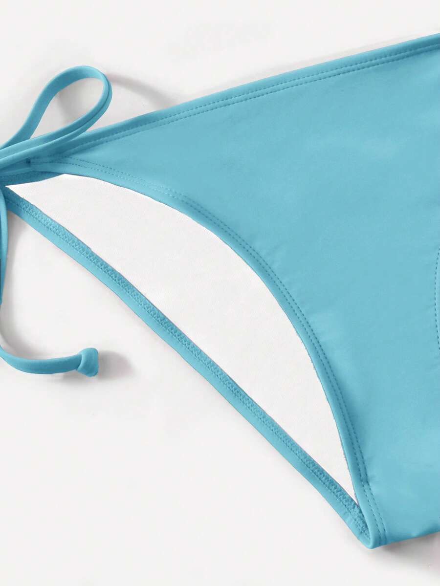 Women's high waist halter tie bikini swimwear set featuring triangle cups, wireless bra with removable padding, and tie side bottoms.
