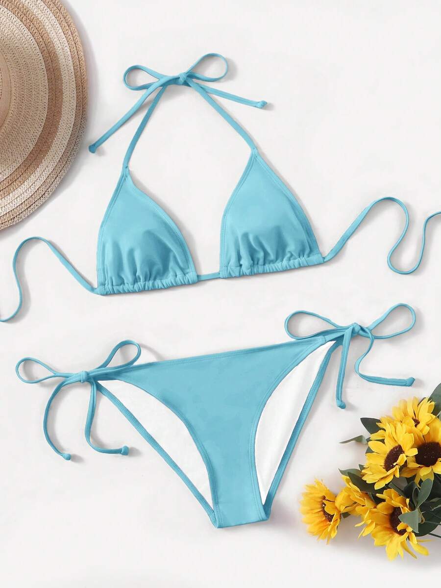 Women's high waist halter tie bikini swimwear set featuring triangle cups, wireless bra with removable padding, and tie side bottoms.