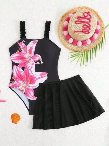 Girls floral print swimsuit set with strap neckline, sleeveless fitted top, and pleated mesh skirt bottom for beach and summer vacation wear.