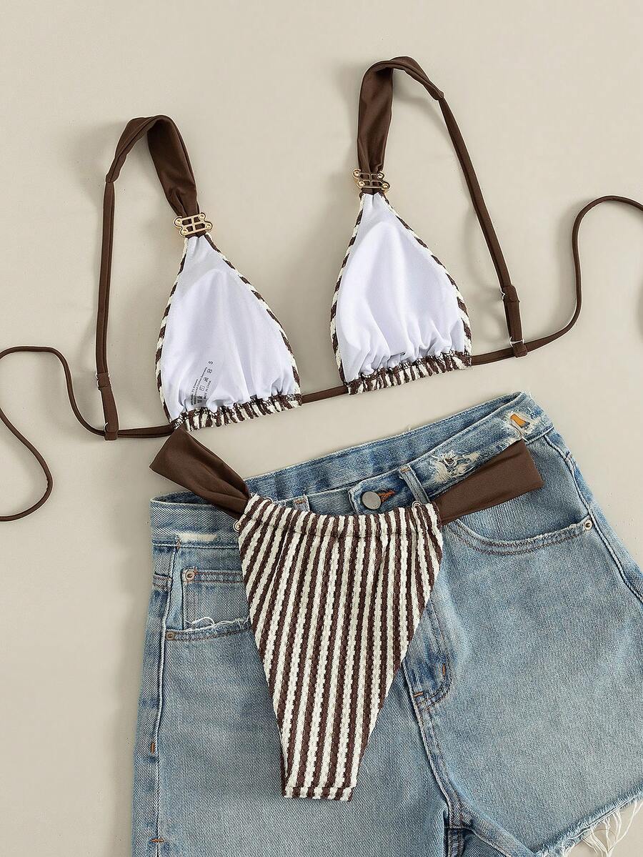 Multicolor colorblock bikini set for women featuring a wireless triangle bra top with shoulder straps and ring knot details paired with high waist high cut bottoms.