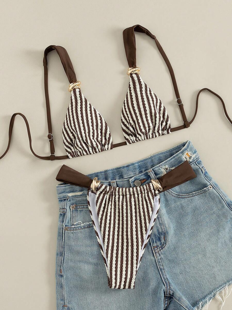 Multicolor colorblock bikini set for women featuring a wireless triangle bra top with shoulder straps and ring knot details paired with high waist high cut bottoms.