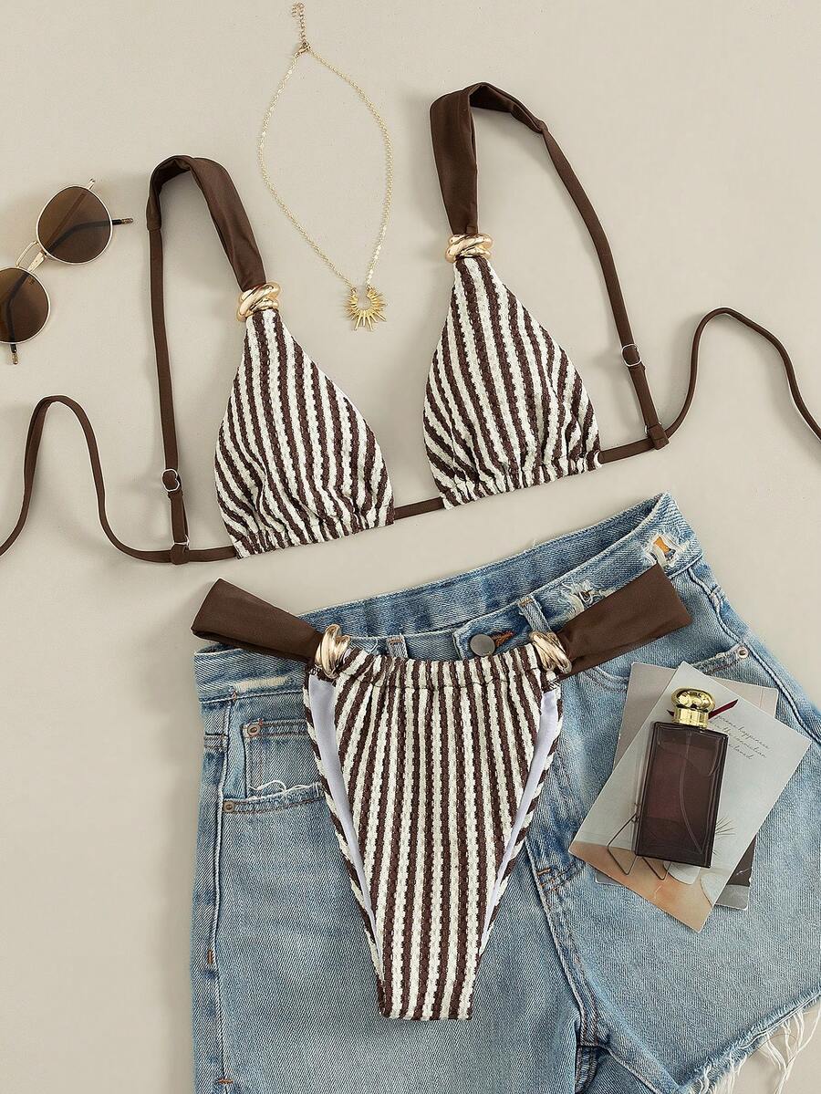 Multicolor colorblock bikini set for women featuring a wireless triangle bra top with shoulder straps and ring knot details paired with high waist high cut bottoms.