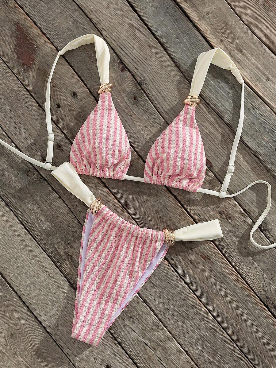 Multicolor colorblock bikini set for women featuring a wireless triangle bra top with shoulder straps and ring knot details paired with high waist high cut bottoms.