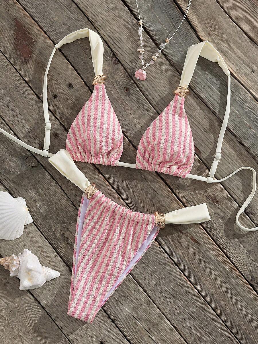 Multicolor colorblock bikini set for women featuring a wireless triangle bra top with shoulder straps and ring knot details paired with high waist high cut bottoms.