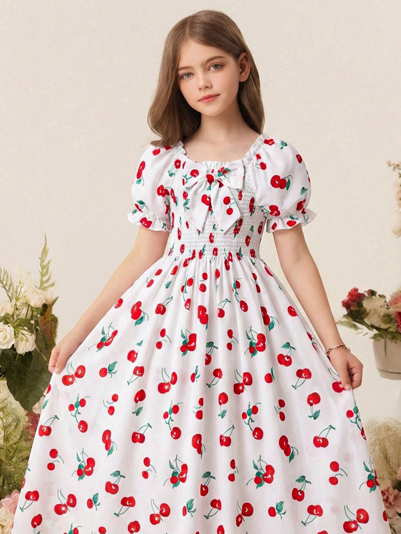 Tween girls black and white geometric short sleeve midi dress with square neck and bow front decor